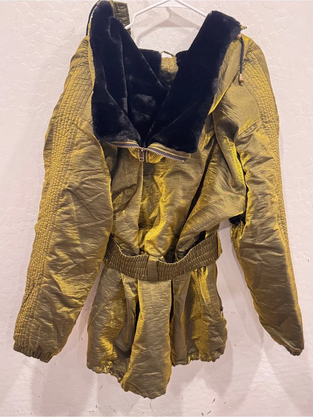 Vtg NILS Ski Jacket Metallic Gold Iridescent Peplum Smocked Waist 80s 90s Sz 12